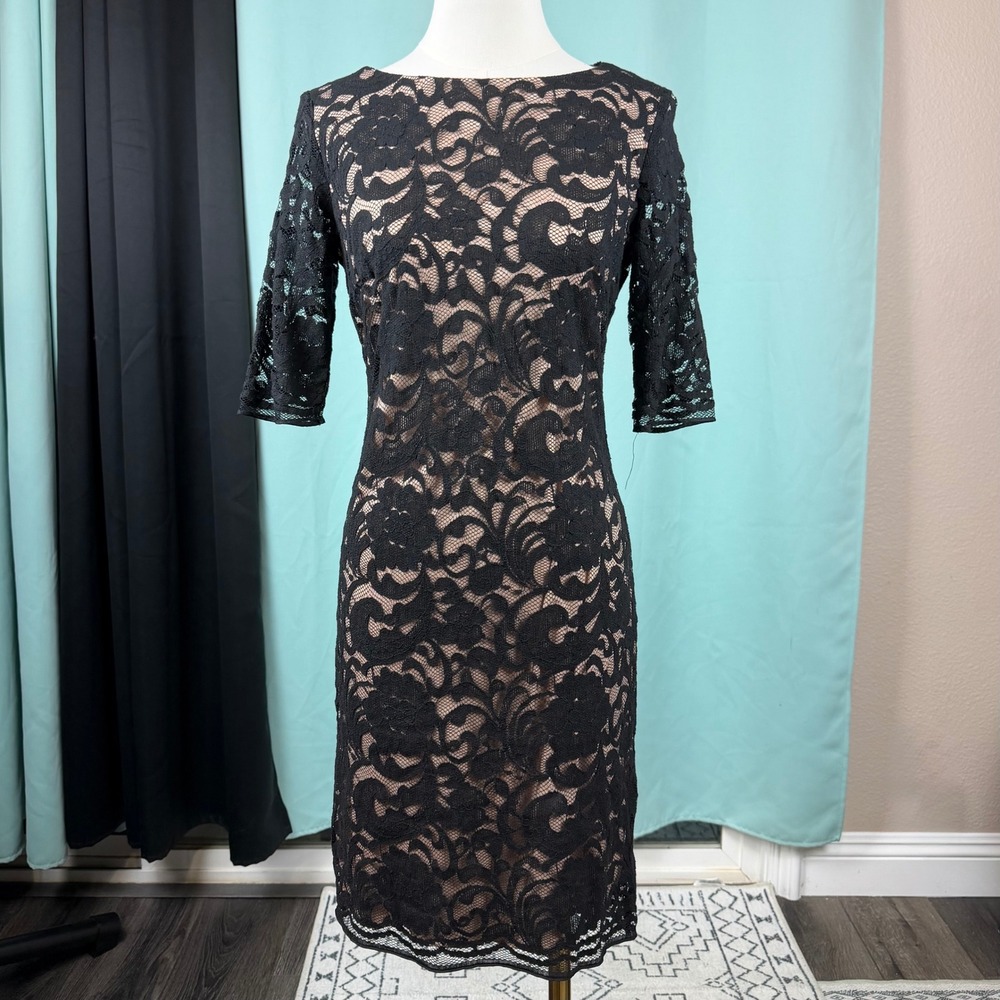 R&K Floral Lace Sheath Dress Black Tan Nude Lining 4 Cocktail Wedding Guest Chic